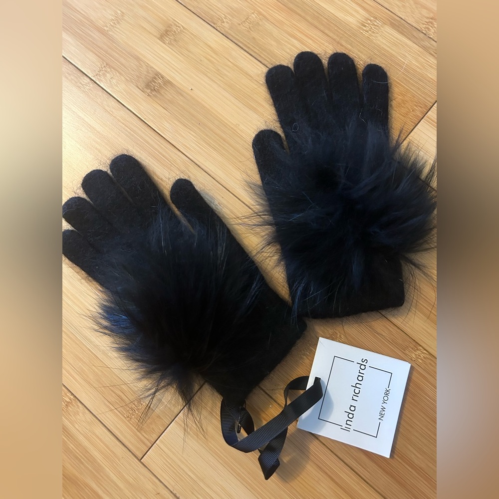 Linda Richards New York black angora gloves with fur embellishment